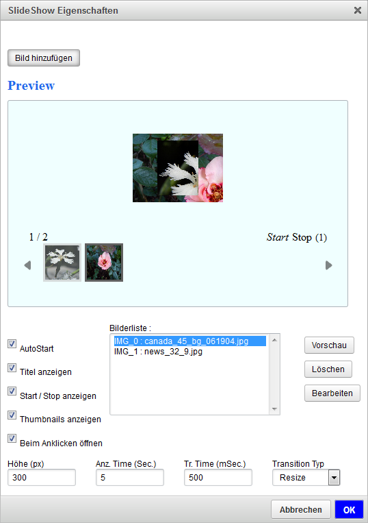 Slideshow-Dialog im Backend