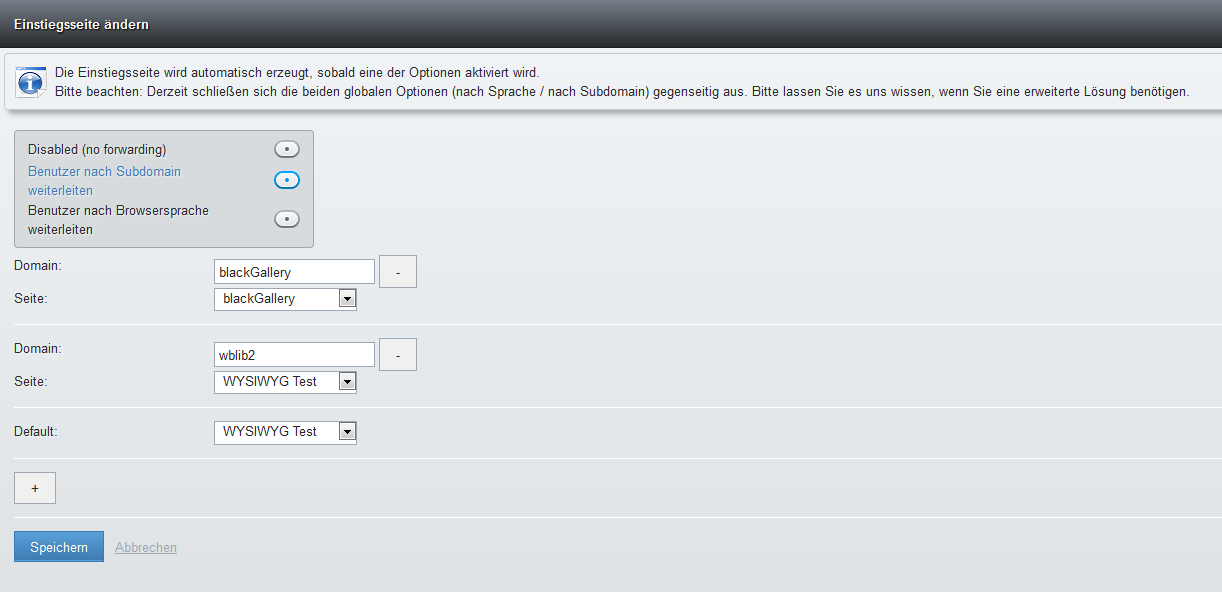 Einstiegsseite nach Subdomain