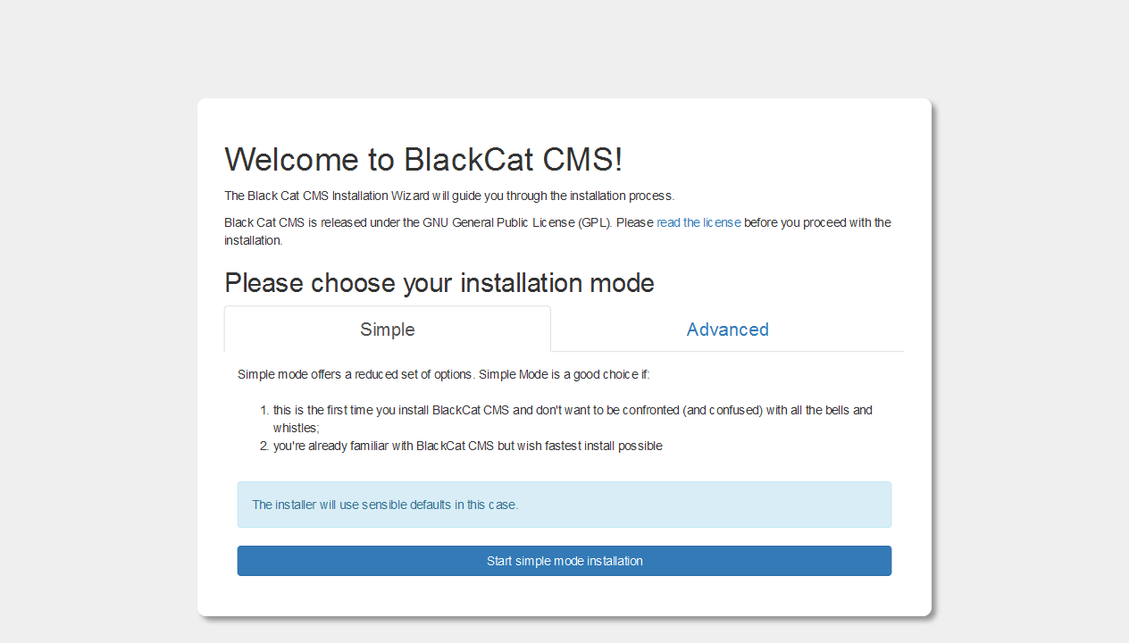 Startseite mit Auswahl des Installationsmodus