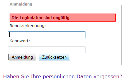 Ansicht des Login-Formulars - hier beispielhaft mit einer Fehlerausgabe